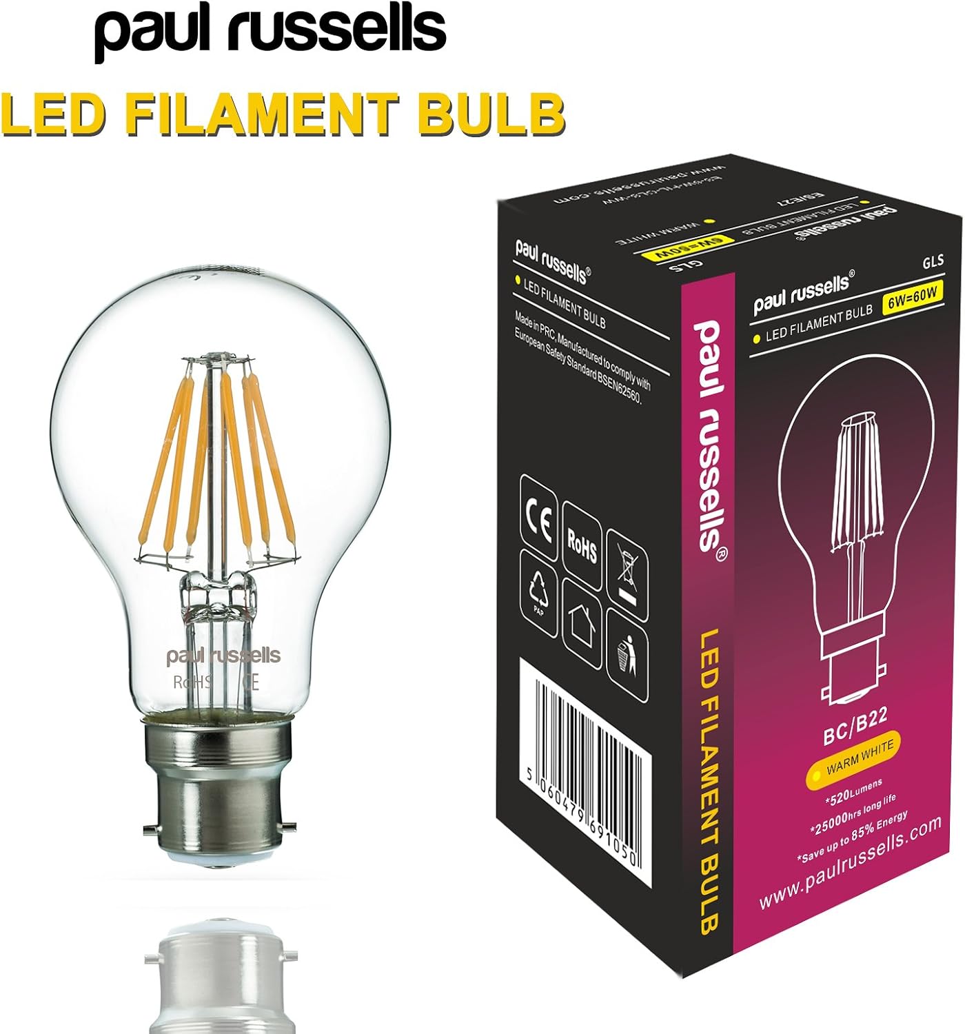 paul russells B22 Bayonet Cap LED Filament, 7Watt 60W Equivalent 806LM Lumens 2700K BC Standard GLS A60 - Image 3