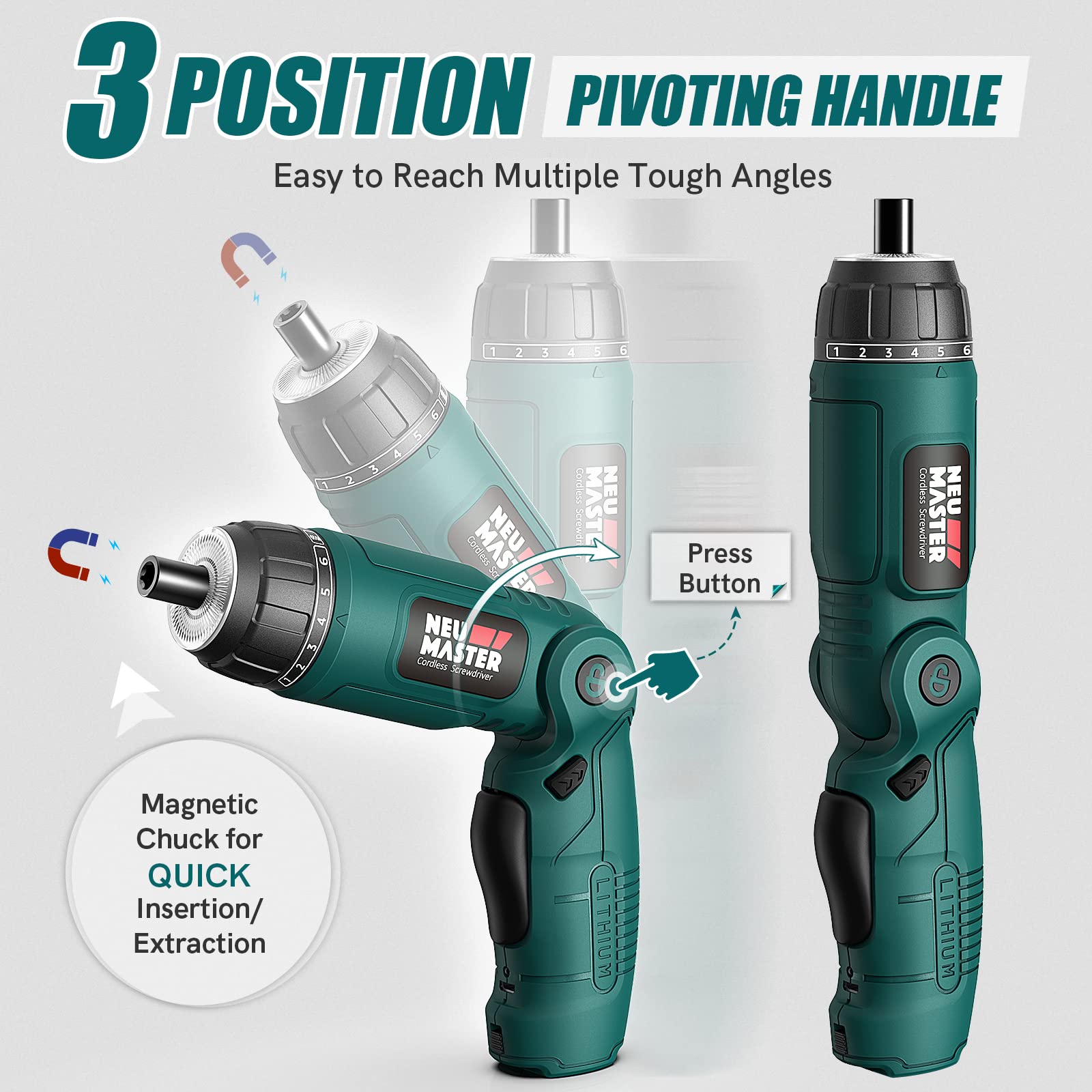 NEU MASTER Cordless Screwdriver, 4V Electric Screwdriver Rechargeable Power Screwdriver With Pivoting Handle, Front And Rear LED light, 32pcs Bits, 6+1 Torque Setting, 2000 mAh Battery Screwdriver