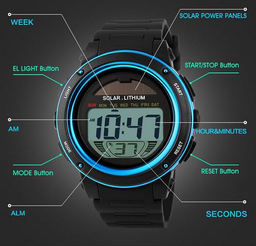 Fanmis Multi Function Alarm Stopwatch Digital LED Quartz Watch Solar Power Black Sports Watches (Blue): Watches