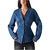 WDIRARA Women's V Neck Button Down Jean Jackets Cinch Waist Long Sleeve Denim Jacket Outerwear