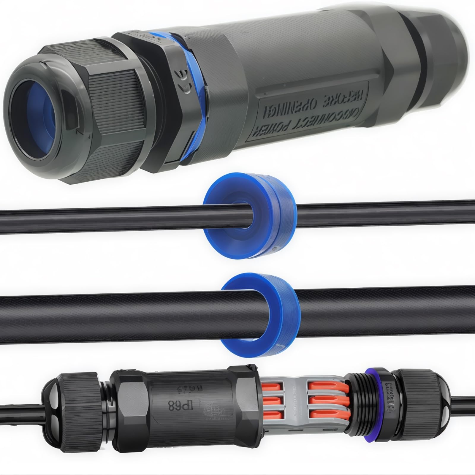 CTRICALVER IP68 Cable Connector, Black, Pin Terminal, Pin, Copper, PA66, Ø 6 mm-12 mm