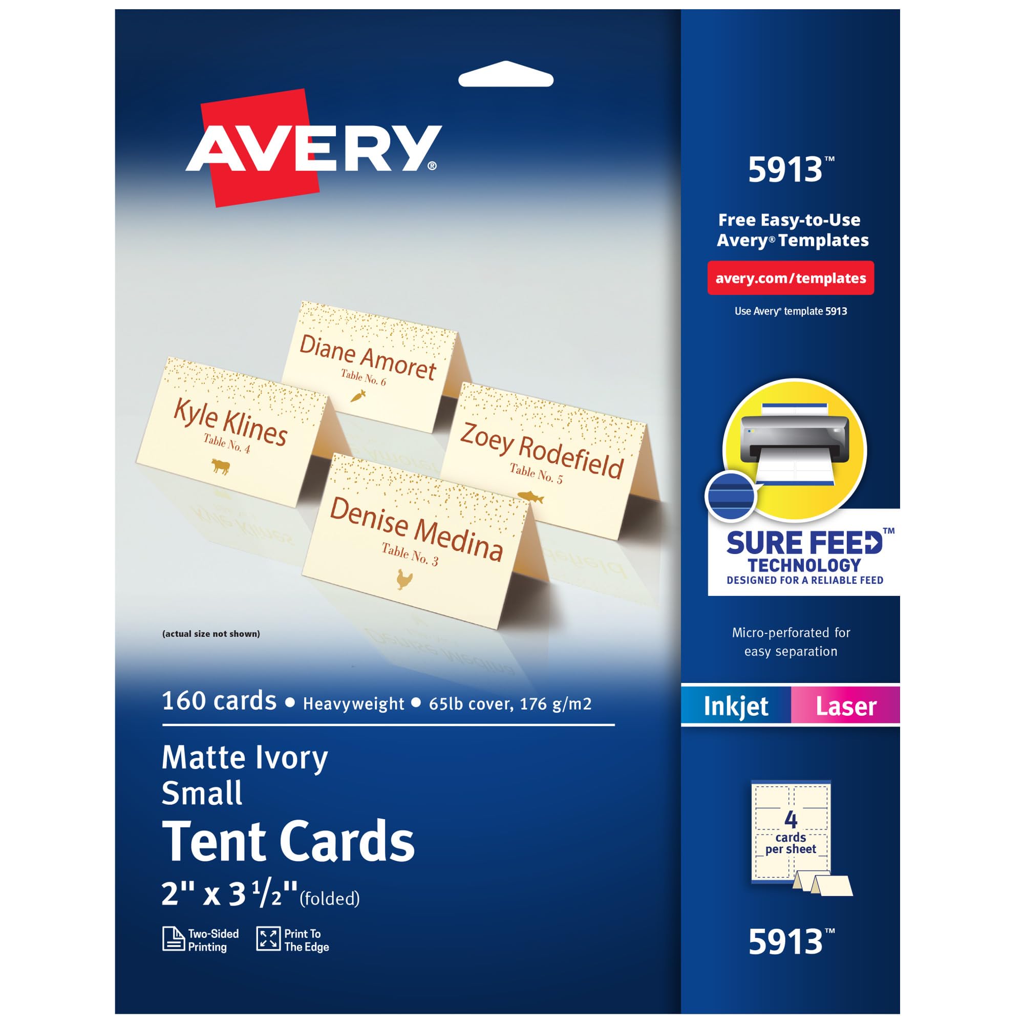 AVERY Printable Small Tent Cards with Sure Feed Technology, 2” x 3.5”, Ivory, 160 Blank Place Cards for Laser or Inkjet Printers (05913)