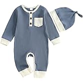 fhutpw Newborn Baby Boy Clothes Ribbed Knit Bodysuit 3 6 Months Infant Fall Long Sleeve Splicing Color Romper Jumpsuit & Hat