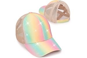 YSEOUL Girls Glitter Baseball Cap Criss Cross Hat, Girl High Ponytail Hat - Kids Trucker Hat with High Bun Messy Ponytail(Ages5-15)