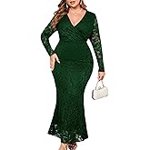 ZOMVA Plus Size Floral Lace Dress Elegant Bodycon Mermaid Maxi Evening Gown V Neck Wrap Long Sleeve Formal Dresses Party, Dark Green,2X