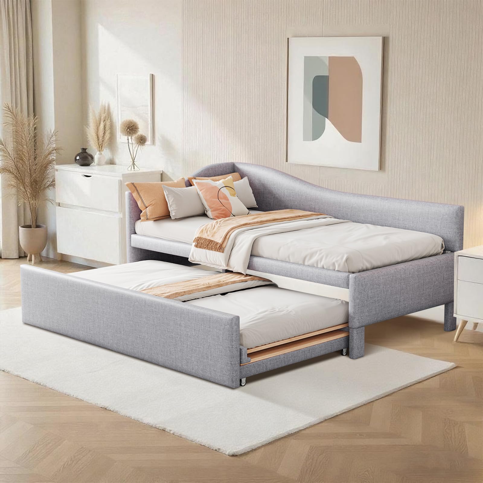 Photo 1 of (used)(missing rails) Linen Twin Size Upholstered Daybed with Pull-Out Trundle with Headboard, Solid Wood Slat Support