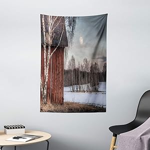 Ambesonne Country Tapestry, Moonlight House Trees Winter Season View Barren Nature Themed Composition, Wall Hanging for Bedroom Living Room Dorm Decor, 40" X 60", Brown Beige