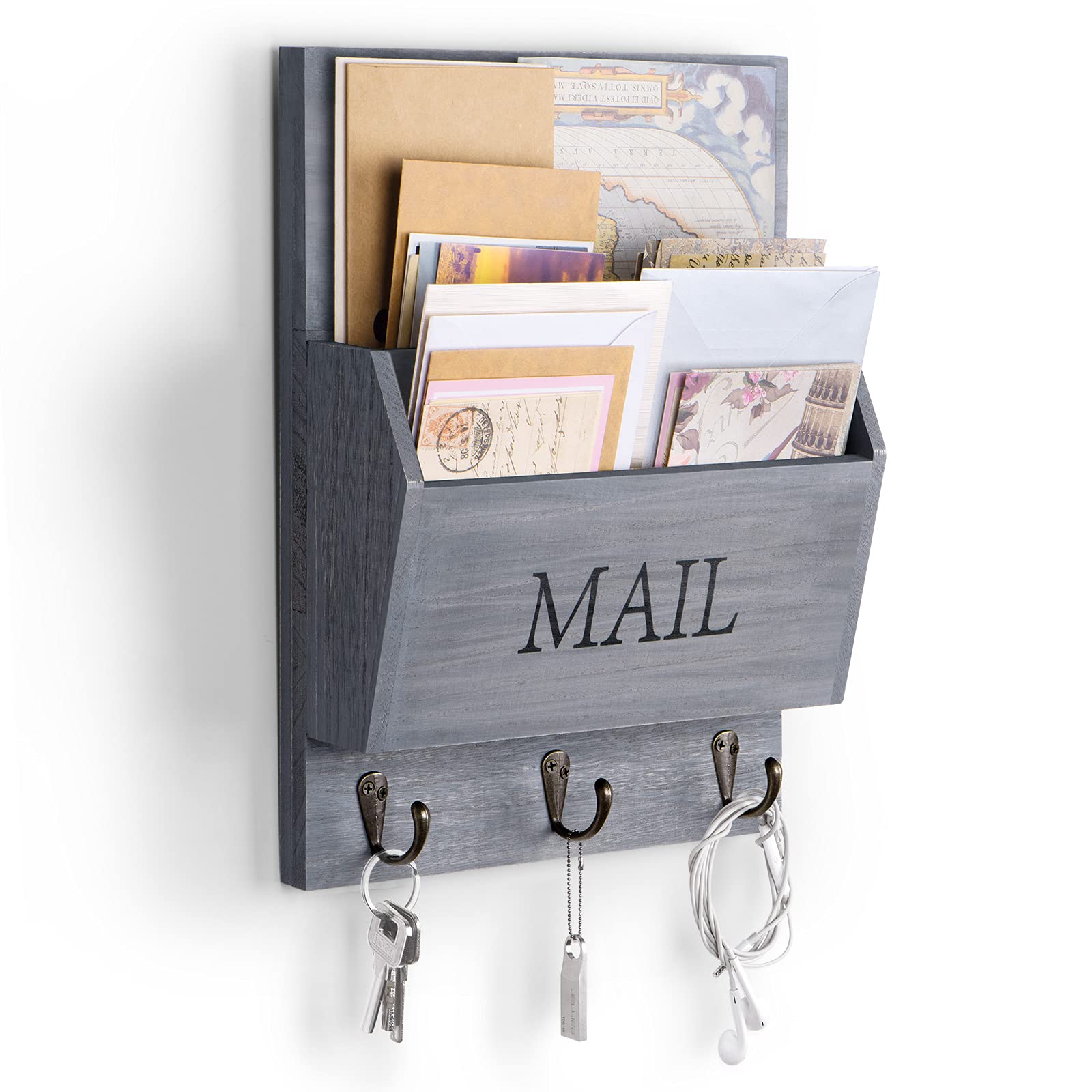 Photo 1 of DLQuarts Mail Organizer with Key Holder for Wall Decorative Mail Sorter Wall Mounted, Wooden Mail Holder with 3 Hooks, Gray