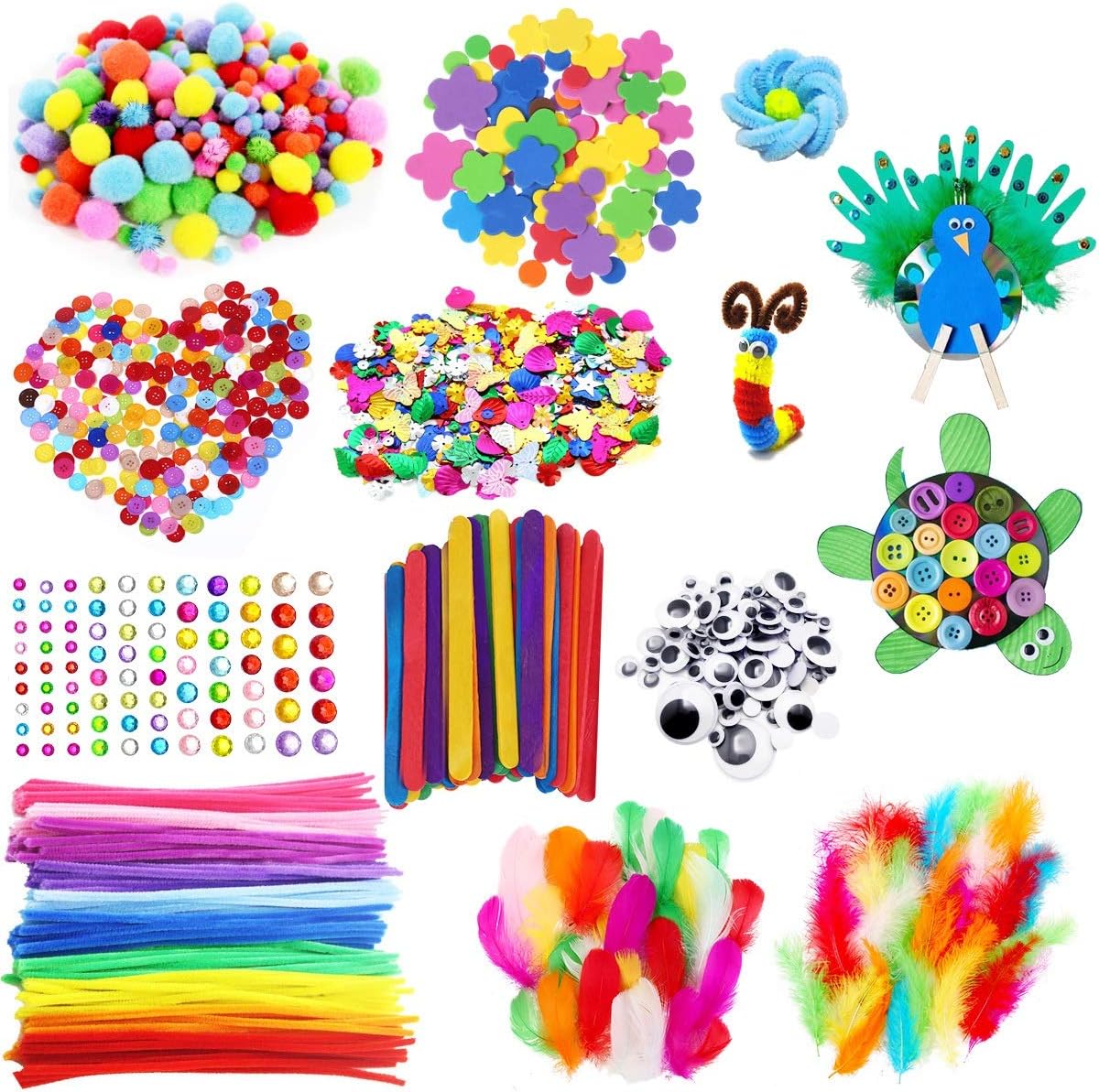 1900 Pcs Colorful Pipe Cleaners Craft Kit Including Pipe Cleaner Wiggle Googly Eyes Pom Poms Buttons Feathers Ice Cream Sticks Sequins And More For Kids Diy Art Craft Supplies Amazon Ca Home