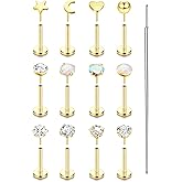 Florideco 14K Gold Plated Threadless Nose Studs for Women Hypoallergenic Surgical Steel Nose Rings Push In Flat back Nose Stud Labret Studs CZ Tragus Helix Piercing Jewelry 16G 18G 20G
