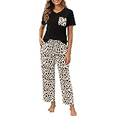Luwnlorder Womens Pajama Sets 2 Piece Short Sleeve Pjs Tops and Long Pants Sleepwear Lounge Set with Pocket