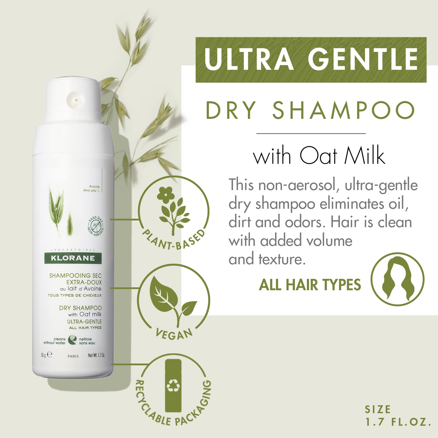 Klorane Ultra Gentle Dry Shampoo with Oat+ - Gentle Formula - Instantly Revives Hair and Eliminates Odor, Dirt, and Oils - Hypoallergenic & Vegan - Paraben & Sulfate-Free