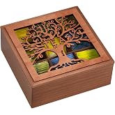 handrong Wood Tea Box Organizer,Tea Organizer and Storage with Tree Pattern | Tea Bag Holder with Clear Lid,Decorative Tea Storage Organizer Box,9 Compartments Tea Organizer for Tea Bags Coffee