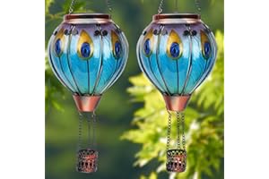 TEYIGARDEN 2PCS Solar Hot Air Balloon Lanterns with Flame with Shepherd's Hooks, Glass Hanging Flickering Lights Outdoor Waterproof for Garden Tree Yard Patio Mother's Day Gift, 18" H Peacock-Blue