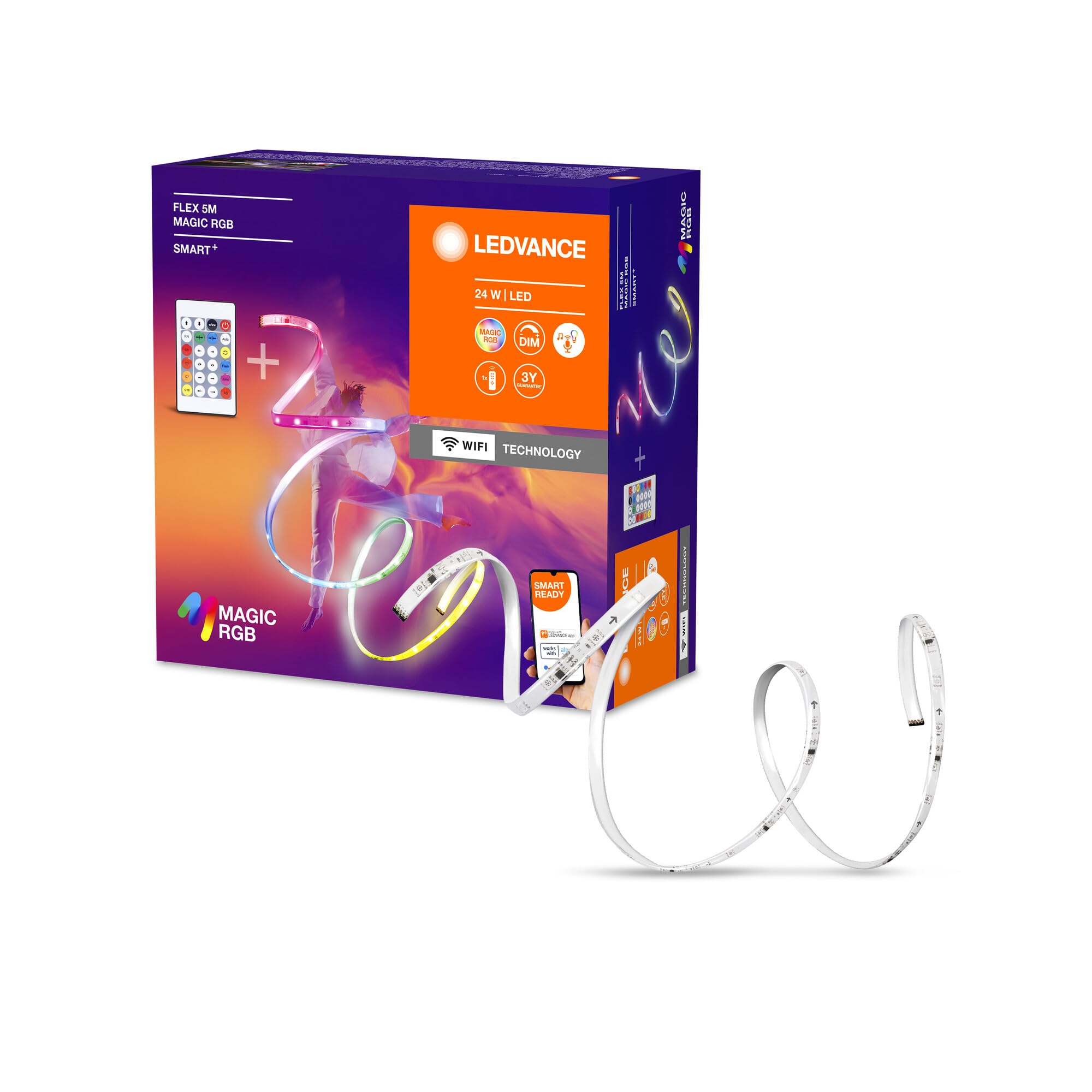 LEDVANCE Smart+ WiFi Flex 5M Led Strip, White, 22W, 500Lm, Dimmable, Dynamic Magic RGB Effect, Individual Choice of Light Color, Controllable by App, Long Life, Easy Installation, Ip20