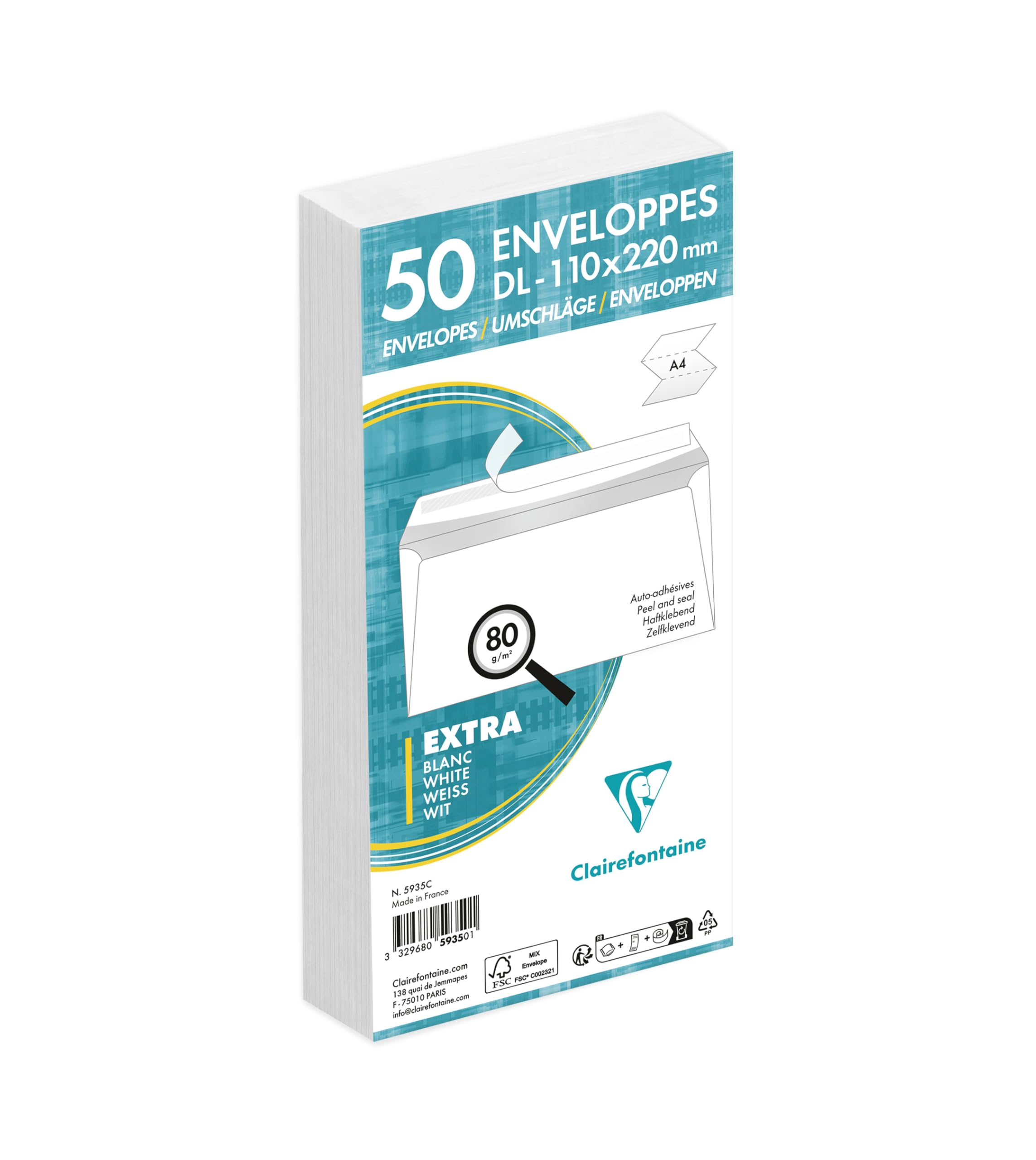 Clairefontaine 5935C - Pack of 50 White Envelopes - Size: DL-110x220mm - Self-Adhesive - 80g/m² - White Colour - Correspondence - Manufactured in France