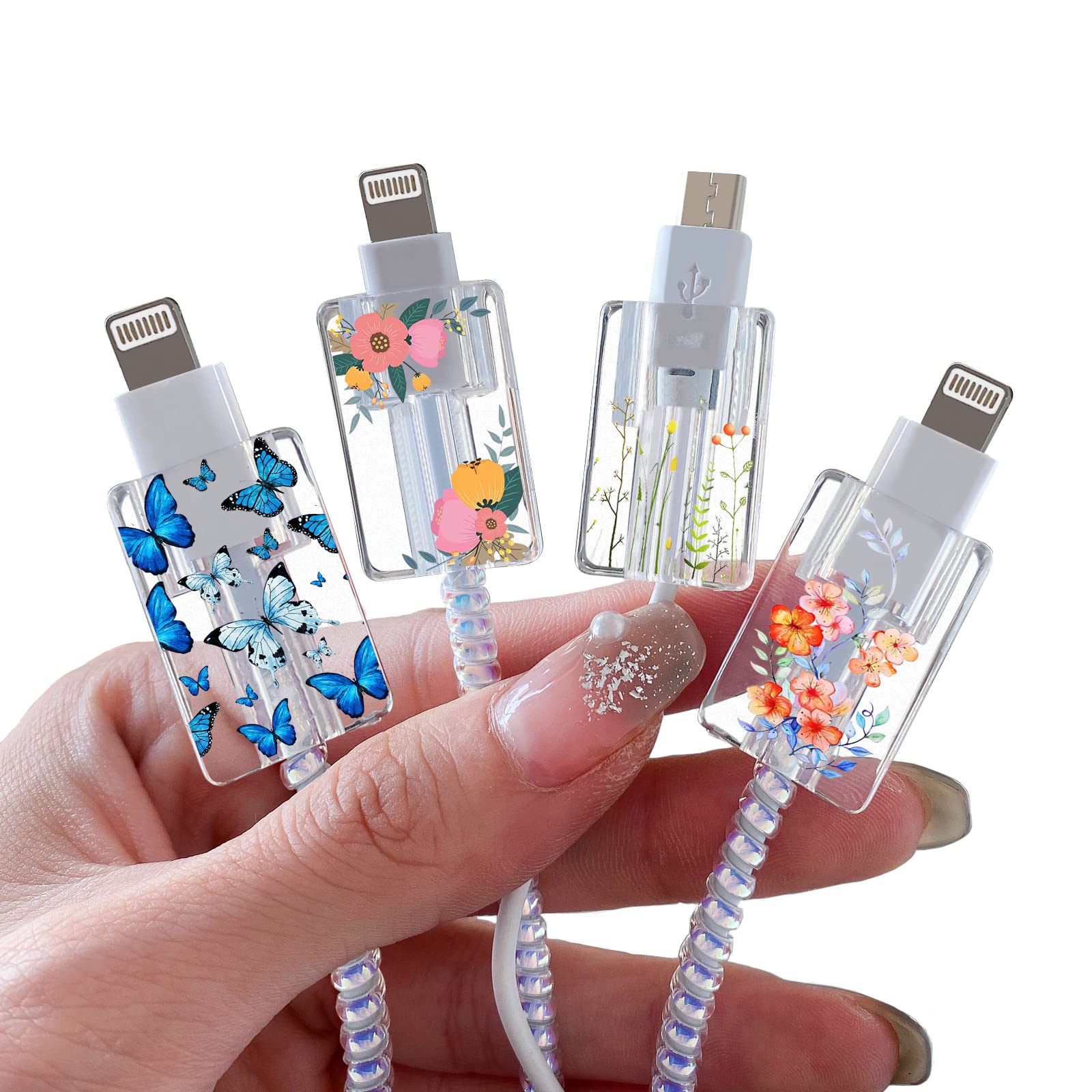 Cute Floral Cable Protector for iPhone Type-C Charger Red Rose Wild Flower Bouquet Butterfly Cherry Blossoms Pattern 4 pcs Set Cable Protector Charging Cord Protector Cable iPhone Charger Saver