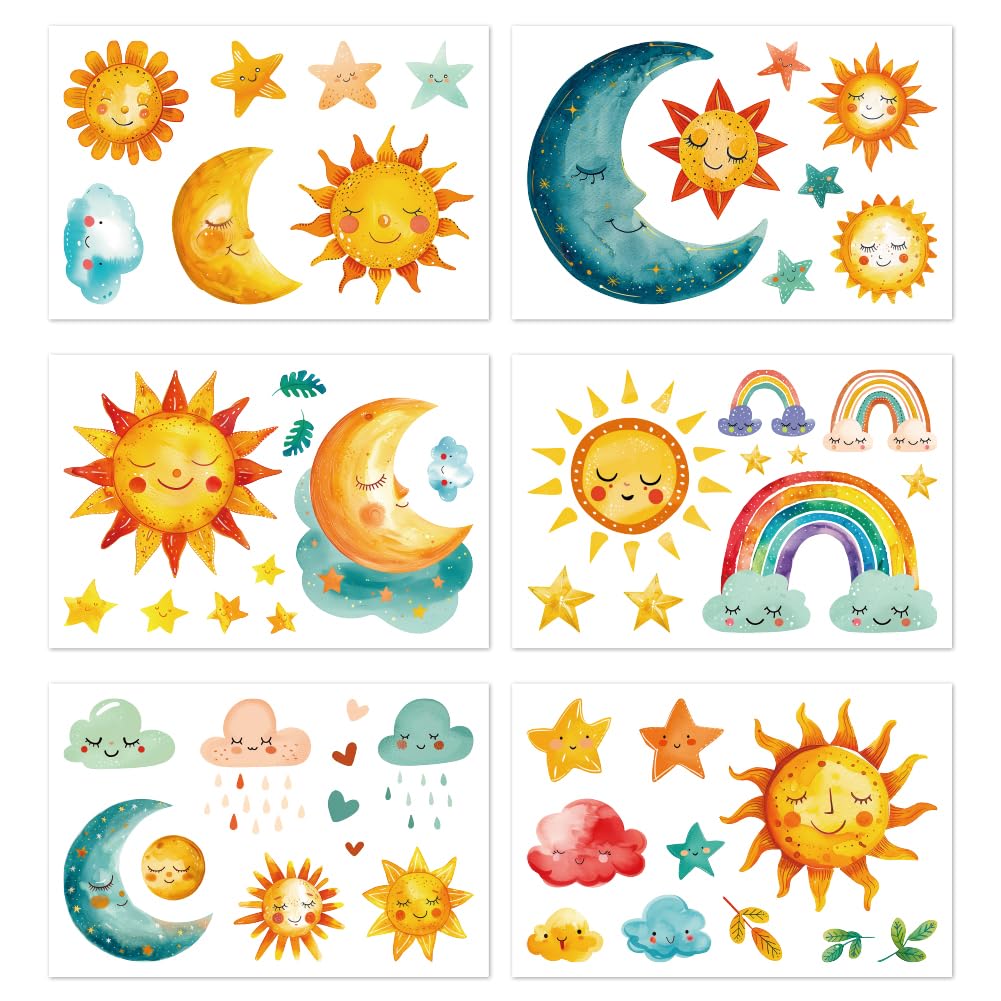 Peacoblue Reusable Window Static Clings Stickers Decal 20cm×30cm, 6 Sheets with 51PCS Sun and Planets Patterns Removable Double Sided Window Sticker Cling Home Office Decor for Glass Windows Mirror