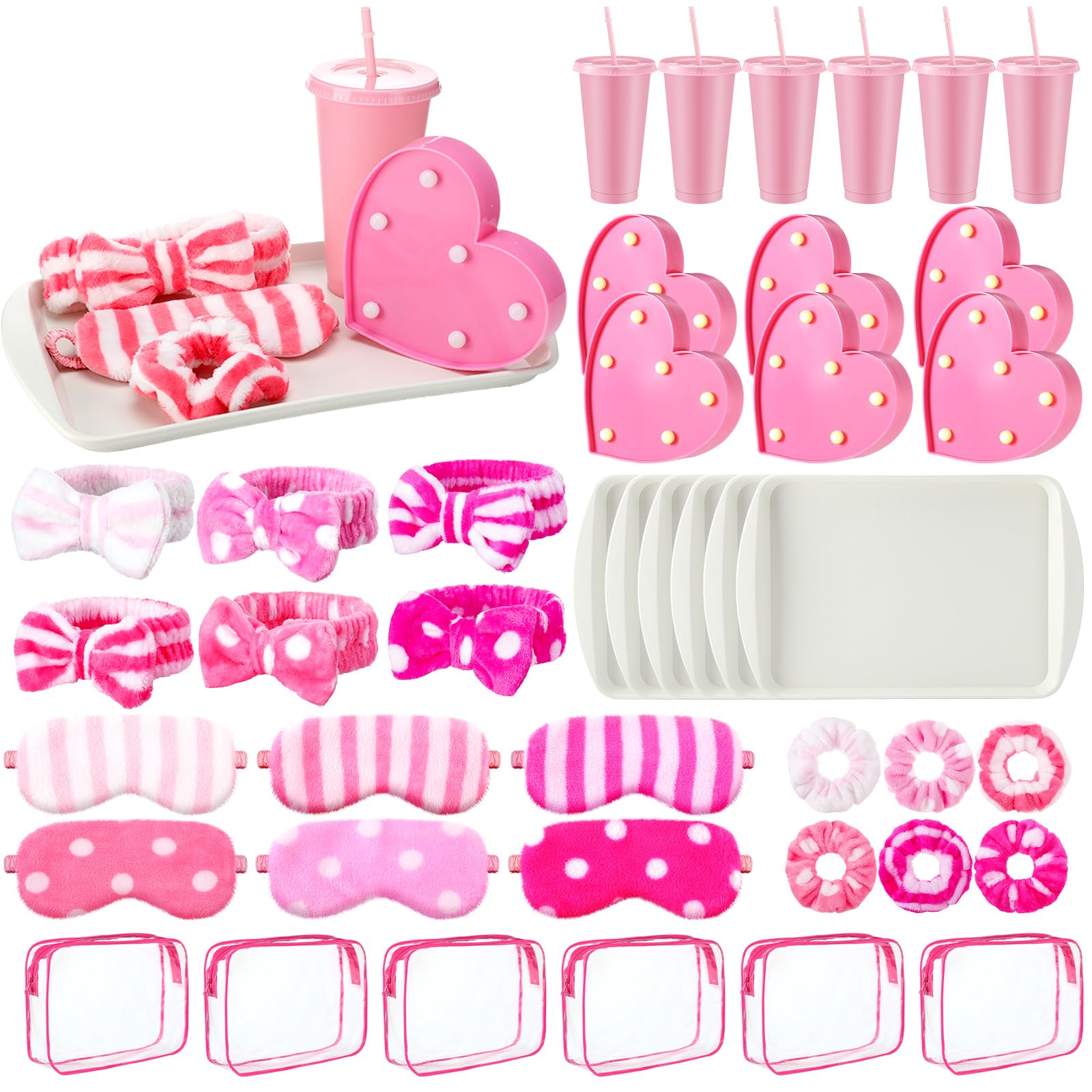 Photo 1 of Wavyknot 42 Pcs Pink Sleepover Party Supplies for Girls Preppy Spa Party Favors Include Sippy Cup Trays Eye Mask Plush Headband Heart LED Light Scrunchies Toiletry Bag for Spa Birthday Slumber Parties