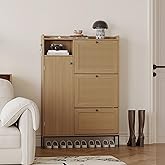 3-Tier Shoe Cabinet, Rattan Shoe Organizer with Flip Drawers and Adjustable Shelves, Rattan Door Design with Top Grate, Narrow Shoe Storage Organizer for Entryway, Hallway, or Bedroom, Wood Color