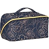 Sgojhrv Floral Rose Peony Flower Navy Blue Travel Cosmetic Bag, Large Capacity Portable Organizer Makeup Bag for Women with Divider & Handle