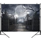 OUYIDA Halloween Night Full Moon Backdrop Gloomy Woods Graveyard Photography Background Horrible Cemetery Spooky Party Banner Halloween Party Decoration Photo Booth Props 7X5FT TP17F
