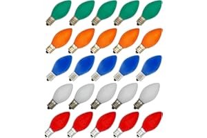 Creative Hobbies 25 Pack C7 Multicolor Christmas Light Bulbs - 7W Steady Burning Incandescent, Ceramic Multicolor, Nickel Plated Candelabra Base, Extended Life