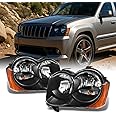 AKKON - For Jeep Grand Cherokee Halogen Type Black Headlights Driver and Passenger Side Replacement Set