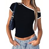 LEEDYA Off The Shoulder Tops for Women Summer Short Sleeve Basic Slim Fit Crop Top Sexy Y2K Going Out T Shirts