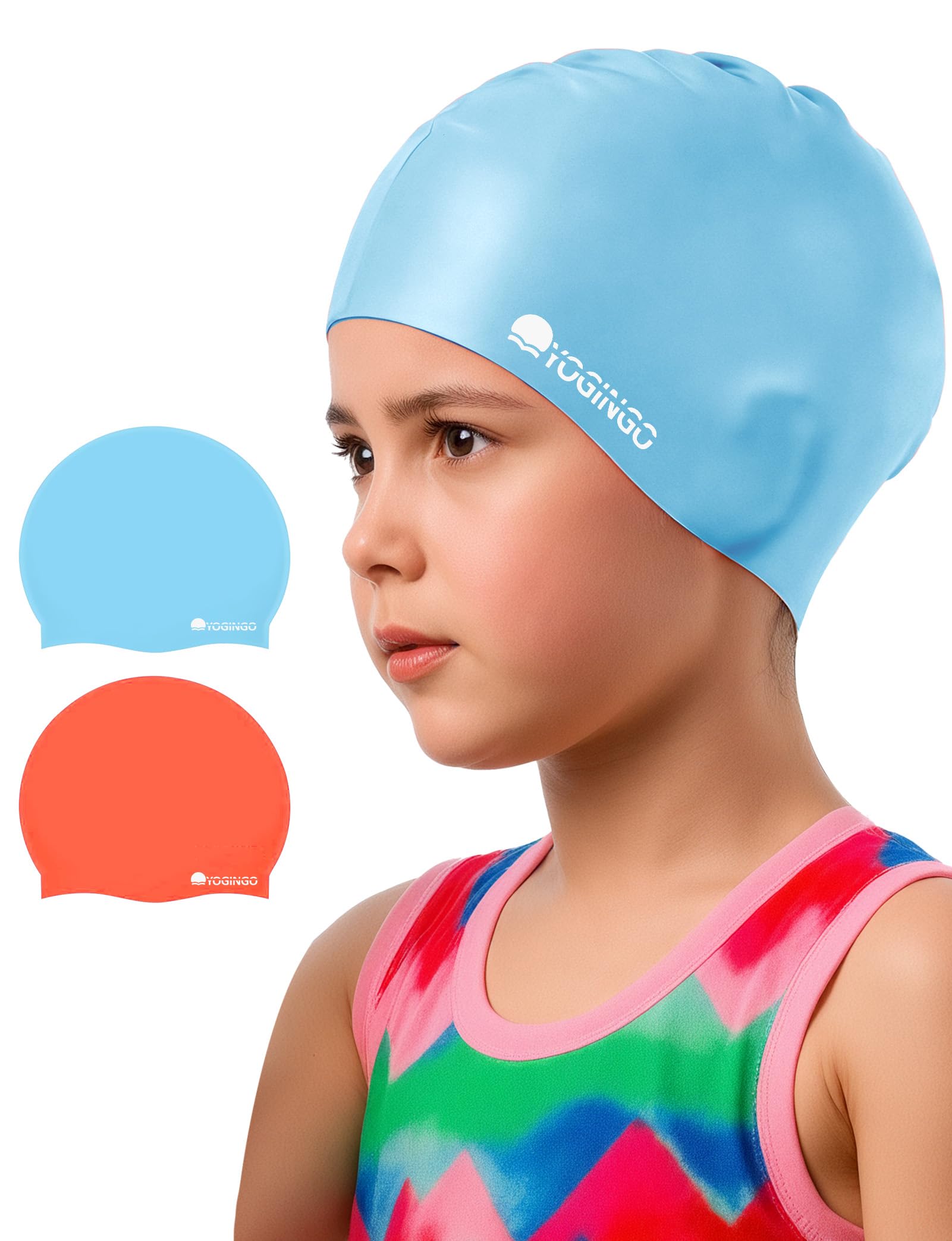Photo 1 of 2 Pack Swim Cap Kids - Swimming Cap for Long&Short Hair - Silicone Swim Caps for Girls&Boys, Swim Cap for Kids 3-15, Keep Hair Dry