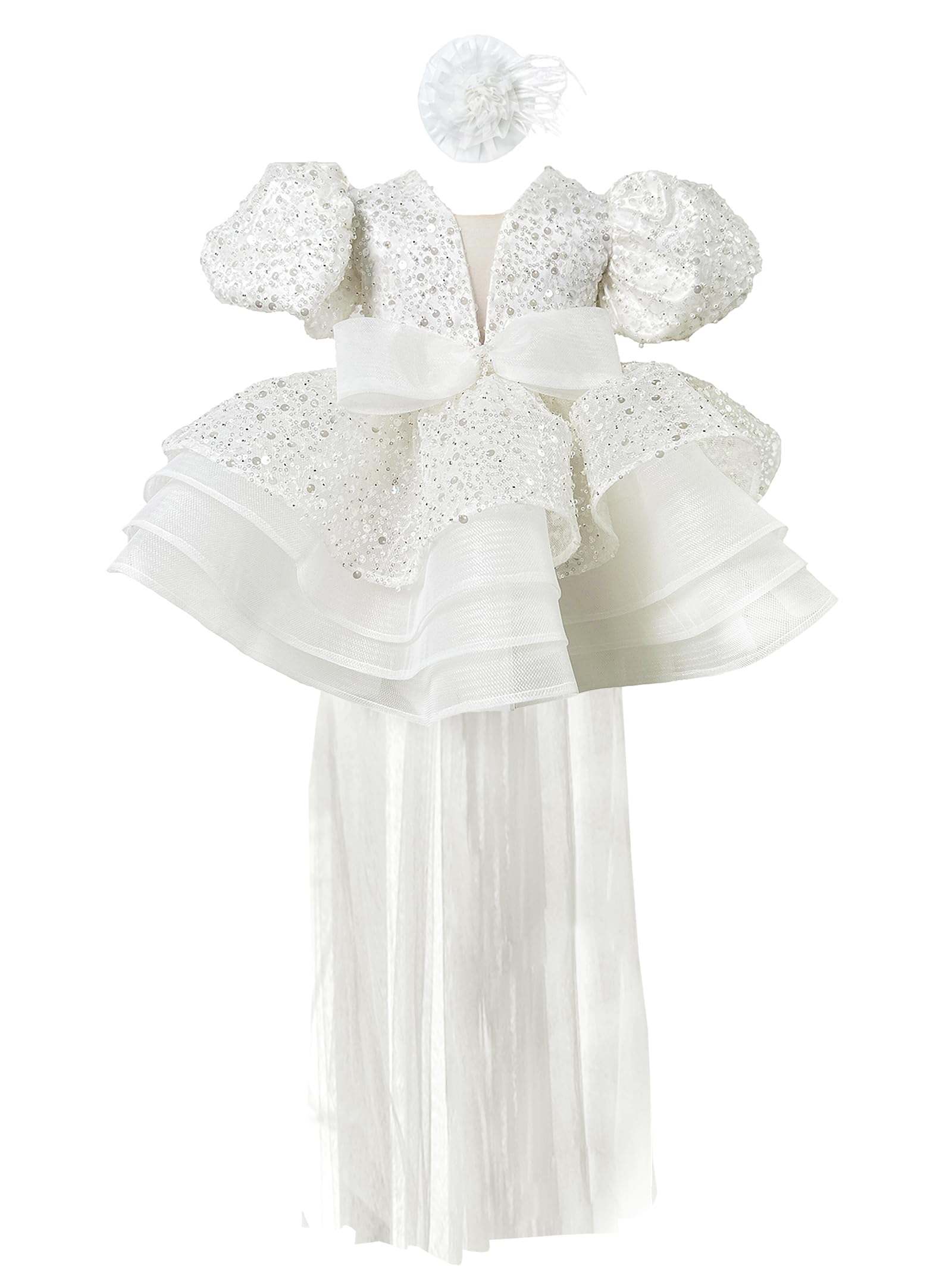 Photo 1 of RUYUYIRU Sequins Pageant Princess Dress Toddler Girls Bubble Sleeves Birthday Party Dress Flower Girls Tutu Detachable Train Beige