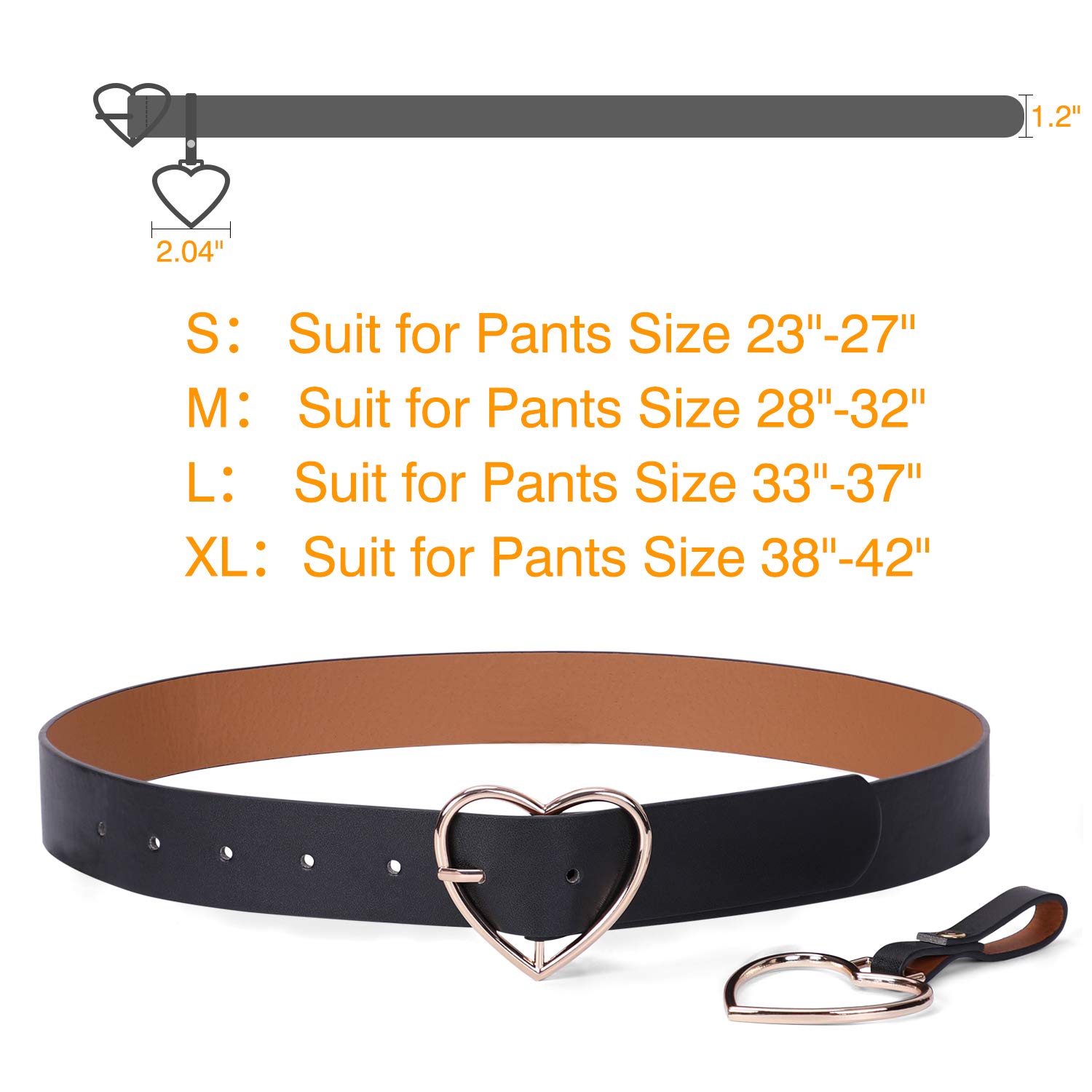 Heart-shaped Wide Black Belt with Metal Buckle for Women Girls Students Shorts Jeans Ladies Dress