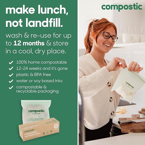 COMPOSTIC HOME COMPOSTABLE RESEALABLE SANDWICH BAGS (7″X7″), MICROWAVE & FREEZER SAFE, ORGANIC FOOD STORAGE CONTAINER, 100 COUNT (PACK OF 2)