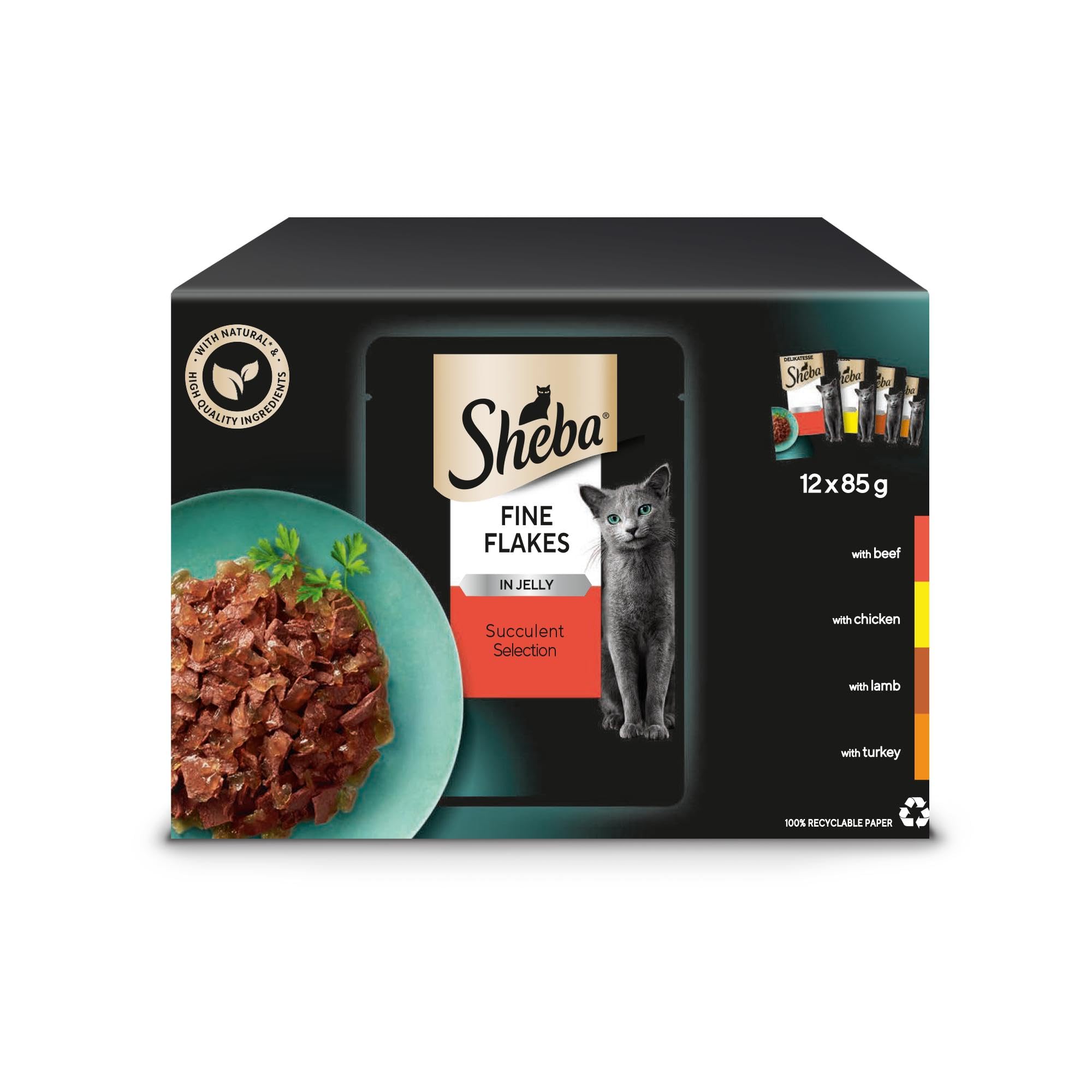 Sheba Fine Flakes Wet Cat Food Pouches - MultiPack Succulent Collection with Beef, Chicken, Lamb and Turkey in Jelly, Pack of 4 (4 x 12 Pouches x 85 g)