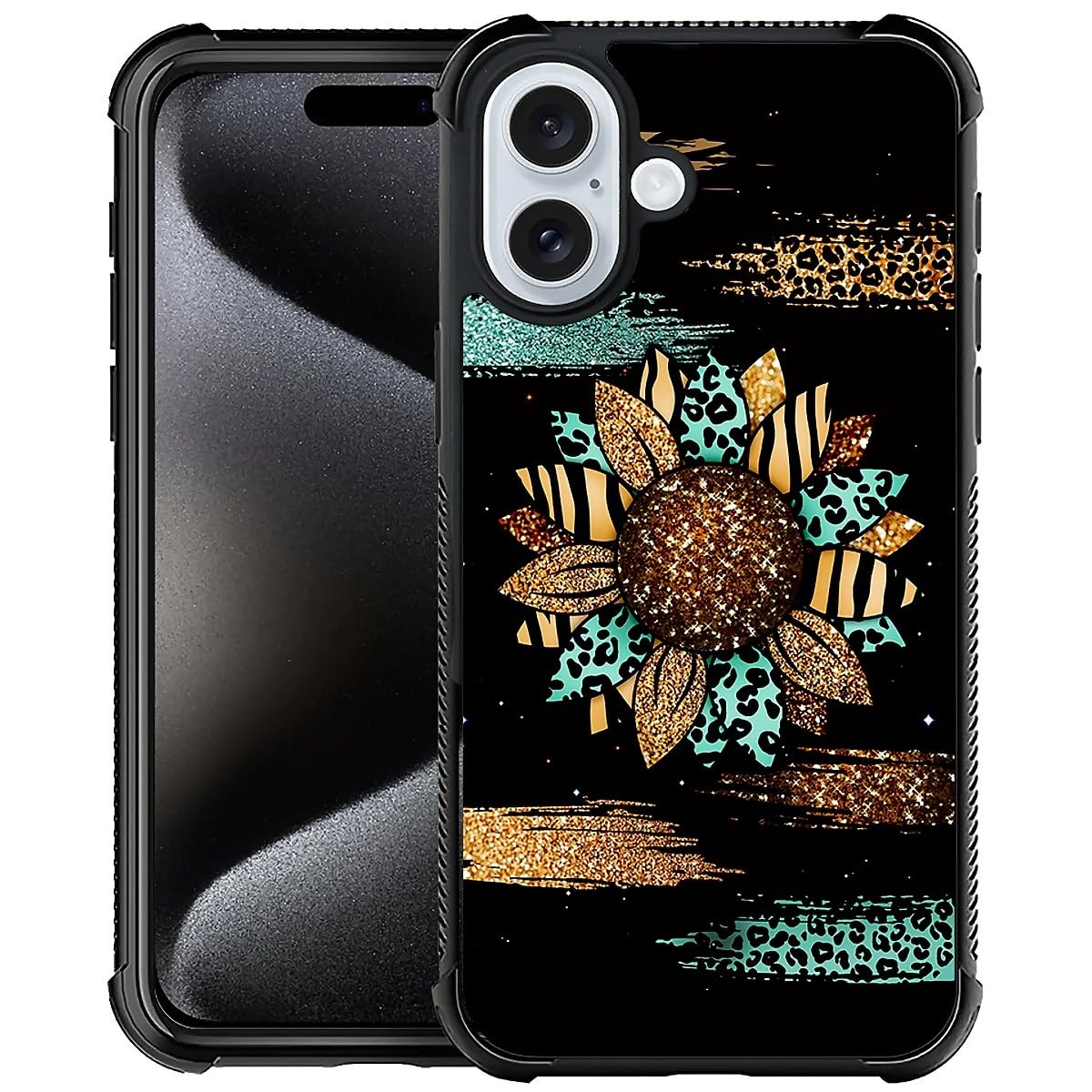 CARLOCA Compatible with iPhone 16 Case,Shiny Sunflower Leopard Cases for Girl Fashion Graphic Design Shockproof Anti-Scratch Drop Protection Case for iPhone 16