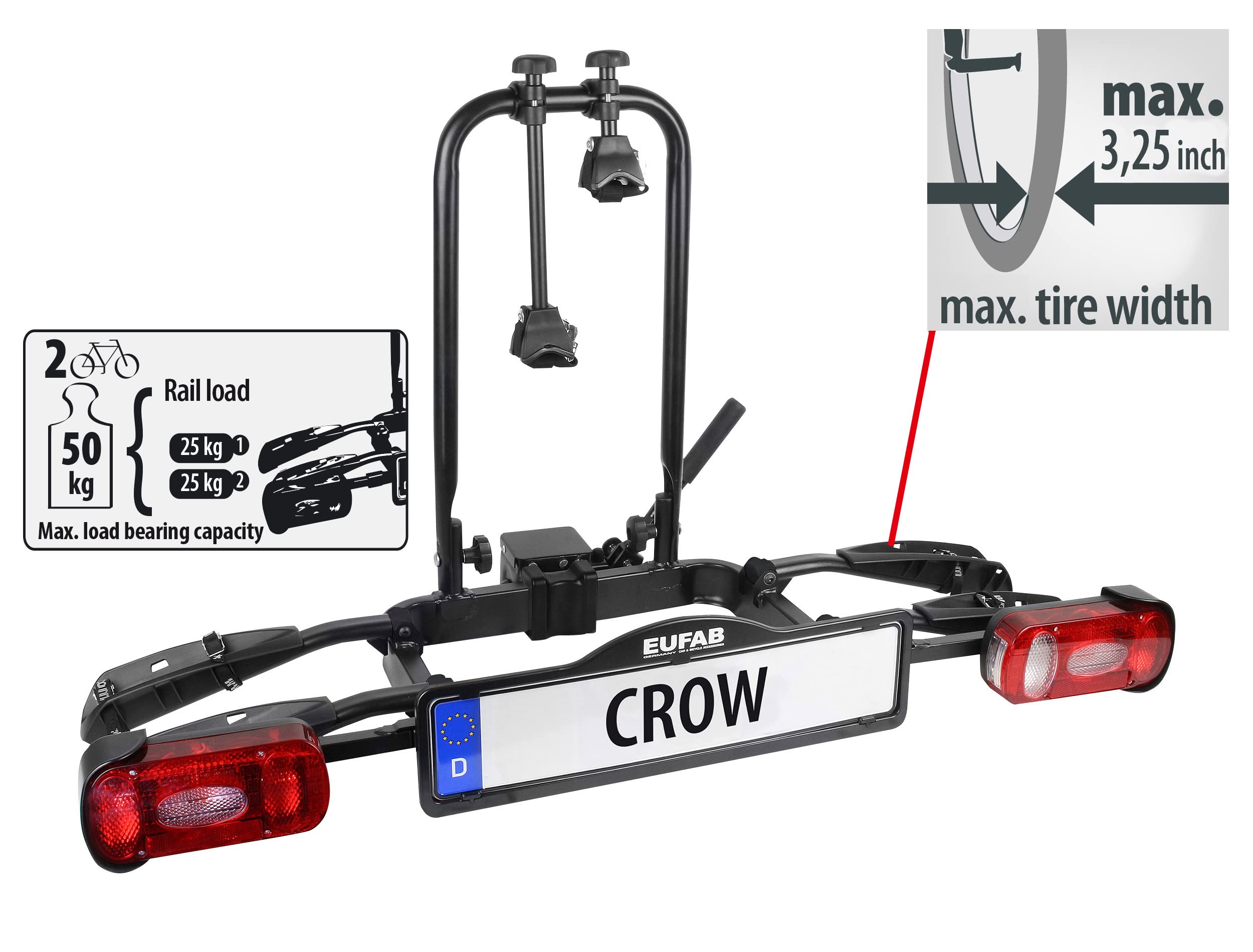 EUFAB 11563 Fahrradträger CROW, E-Bike geeignet, teilweise vormontiert, Diebstahlschutz, für 2 Fahrräder, für Anhängerkupplung, schwarz 2