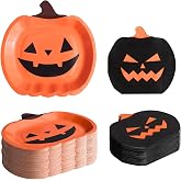 100PCS Bulk Halloween Plates and Napkins Party Supplies - Serves 50 - Pumpkin Paper Plates and Disposable Napkins for Halloween Birthday Decorations Kids Dinnerware Set