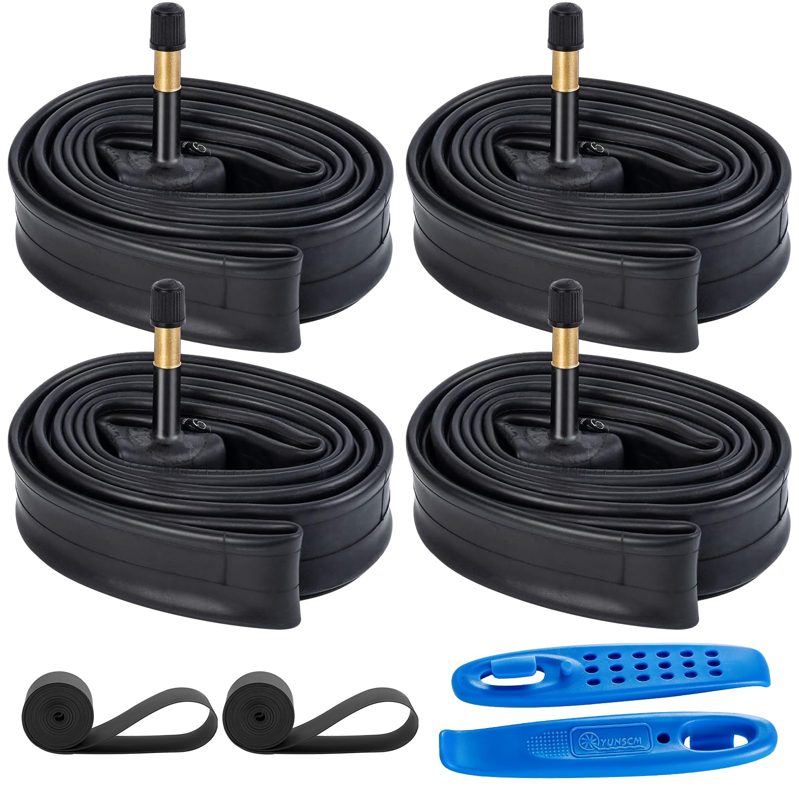 Photo 1 of 4-Pcs 700C Bike Tubes 700x25C 700x26C 700x28C 700x30C 700x32C AV48mm Schrader Valve (25/32-622) Inner Tube 700C Tubes Plus 2 Rim Strips Compatible with 700x25C/26C/28C/30C/32C Road Bike Tire Tubes