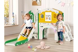 BIERUM 9 in 1 Toddler Slide Set - Baby Slide for Toddlers 1-3 with Colorful Lights, Drawing Board and Building Blocks Board, Indoor Outdoor Toddler Playset Playground, Green Yellow