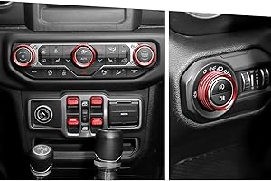 Jimen Fit for Jeep Wrangler JL JLU 2018-2025 & Gladiator JT 2020-2025, 8PCS Window Button Trim & Audio Volume Radio Knob AC Control Ring Air Conditioning Knob & Headlight Switch Knob Cover (Red)