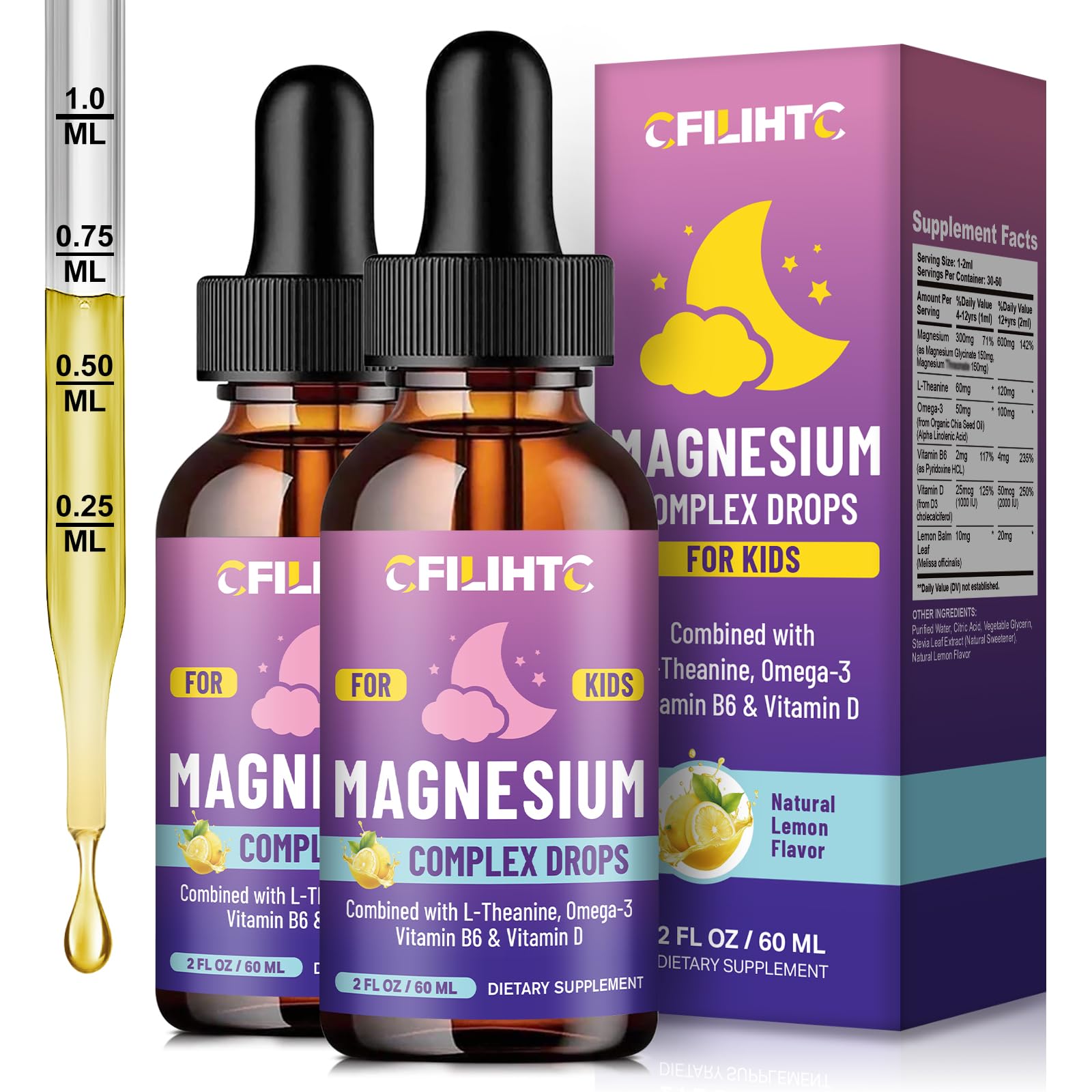 Kids Magnesium Liquid Drops-Magnesium Glycinate Liquid for Kids Supplement-w/L-theanine, Omega-3, Vitamin B6, D3 - for Sleep, Relaxation, Brain, Bones - Lemon Flavor, 4 Fl Oz Image