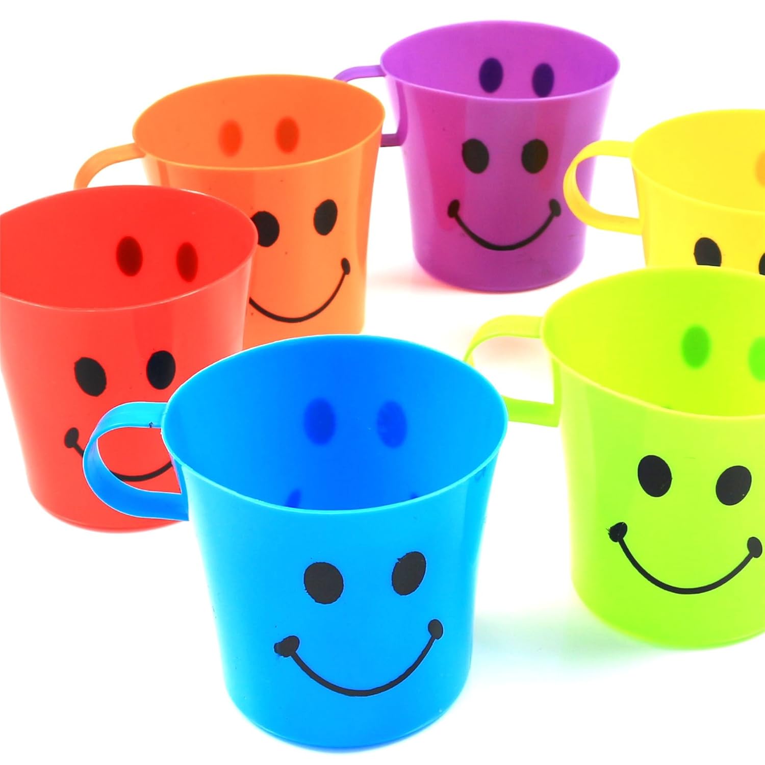 24x Kids Plastic Smiley Face Cups Handled Mugs Camp/Travel Party Set