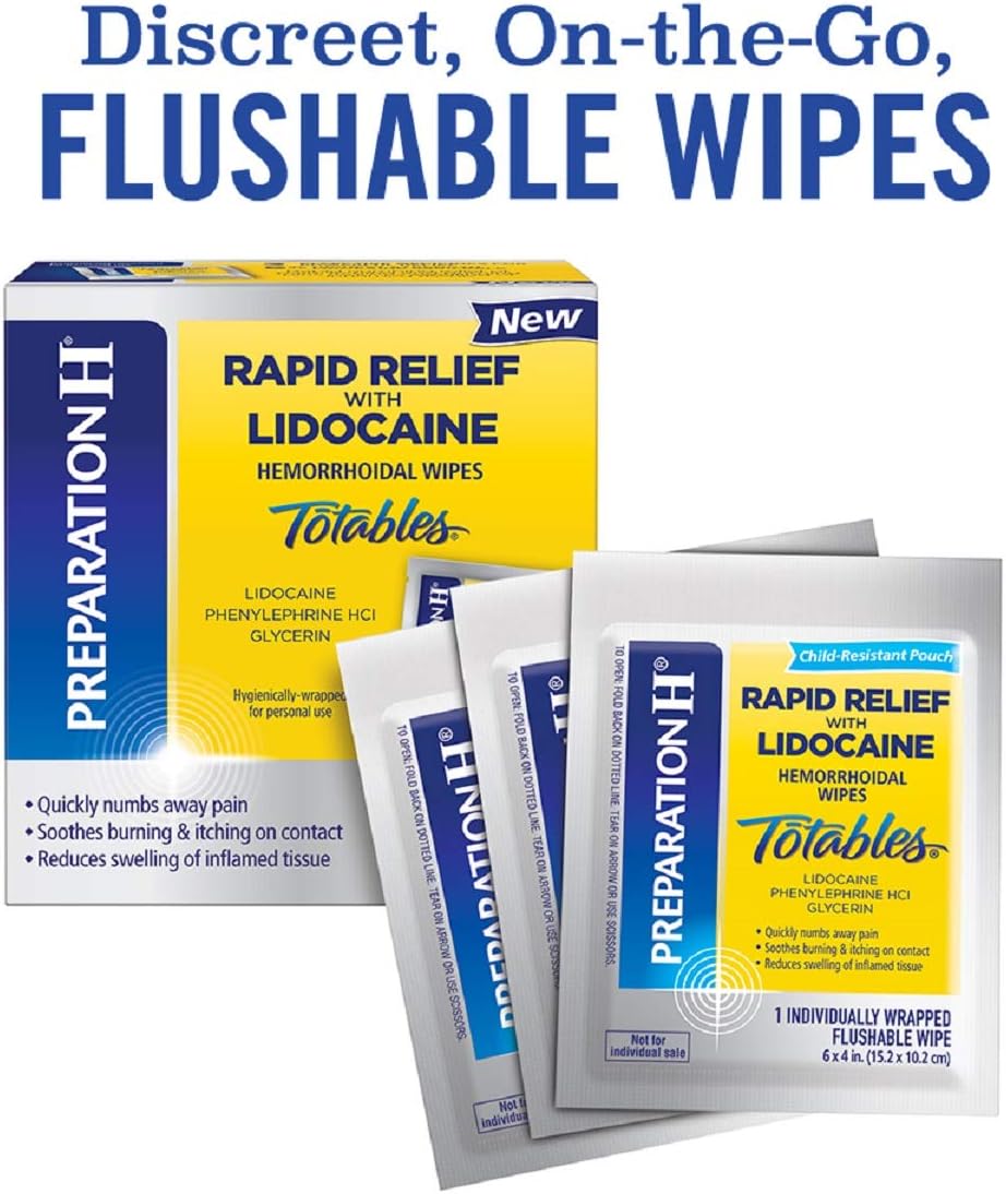 Preparation H Rapid Relief with Lidocaine Hemorrhoid Symptom Treatment Flushable Wipes, Numbing Relief for Pain, Burning and Itching, Reduces Swelling, 10 Count Box: Health & Personal Care