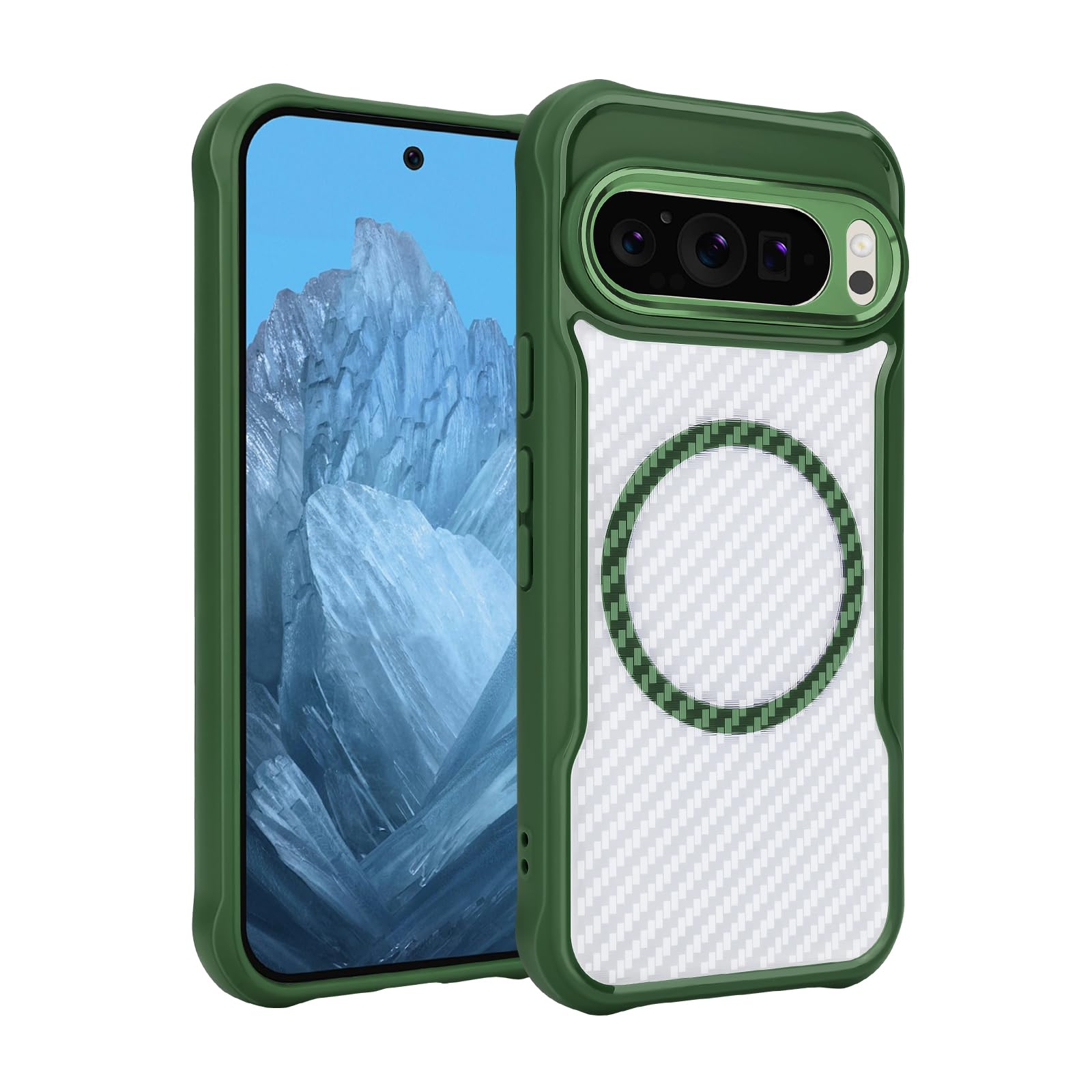 DiyGody Magnetic Case for Google Pixel 9 Pro 2024 Compatible for MagSafe, Mental Frame Translucent Drop Protection Shockproof Rugged Phone Cover for Google Pixel 9 Pro 6.3”-Green
