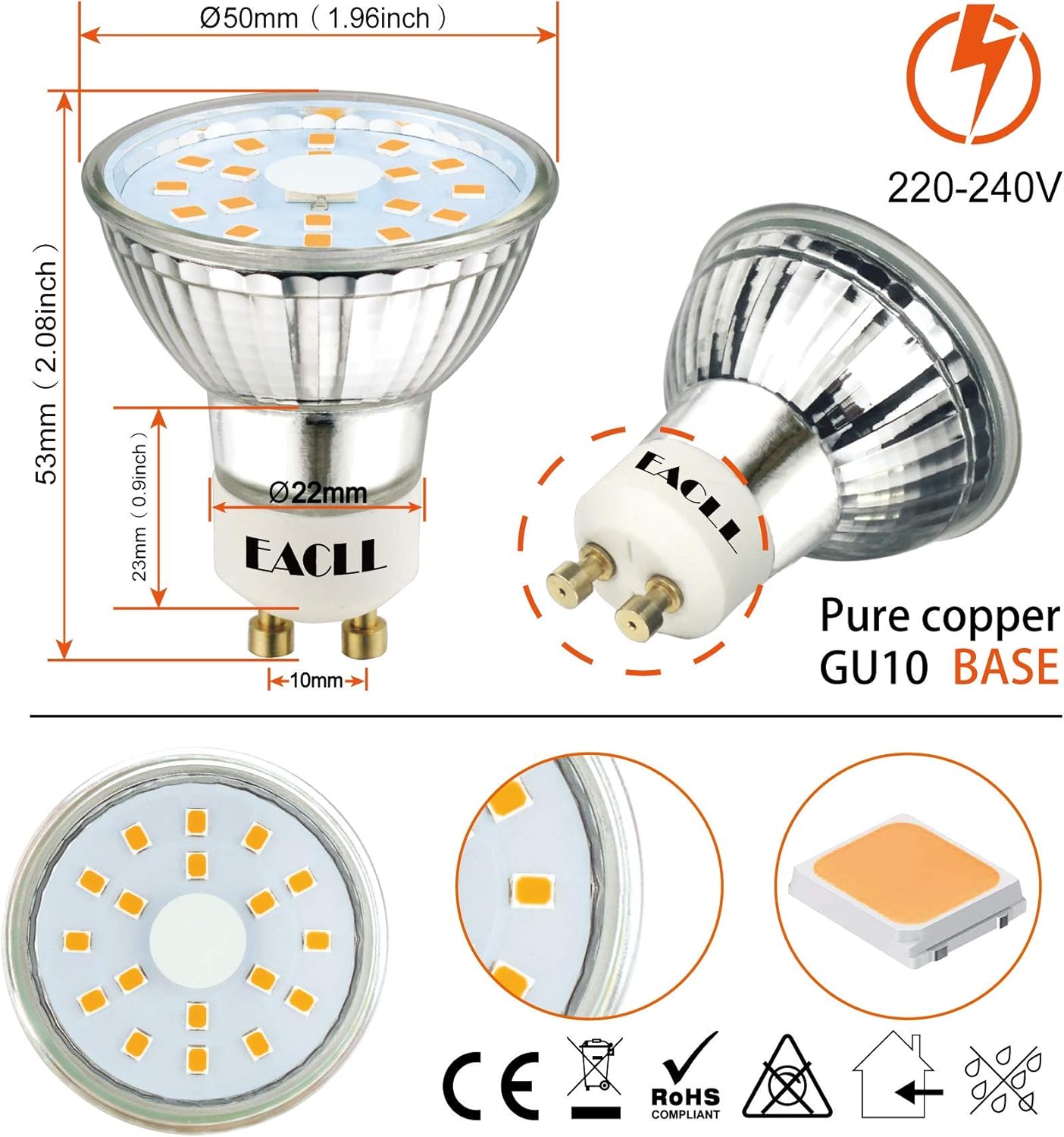 EACLL GU10 LED Bulbs Warm White 4.9W Equivalent 70W Halogen, Pack of 6, 515 Lumens 2700K, AC 230V Flicker-Free Spot Light - Image 3