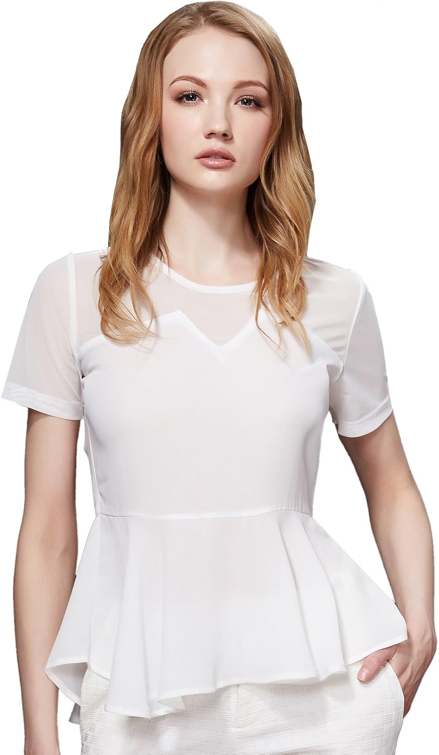 Maxchic Women's Short Sleeve Yoke Illusion Mesh Peplum Top Blouse 17403Y15M, White, XX-Large at 