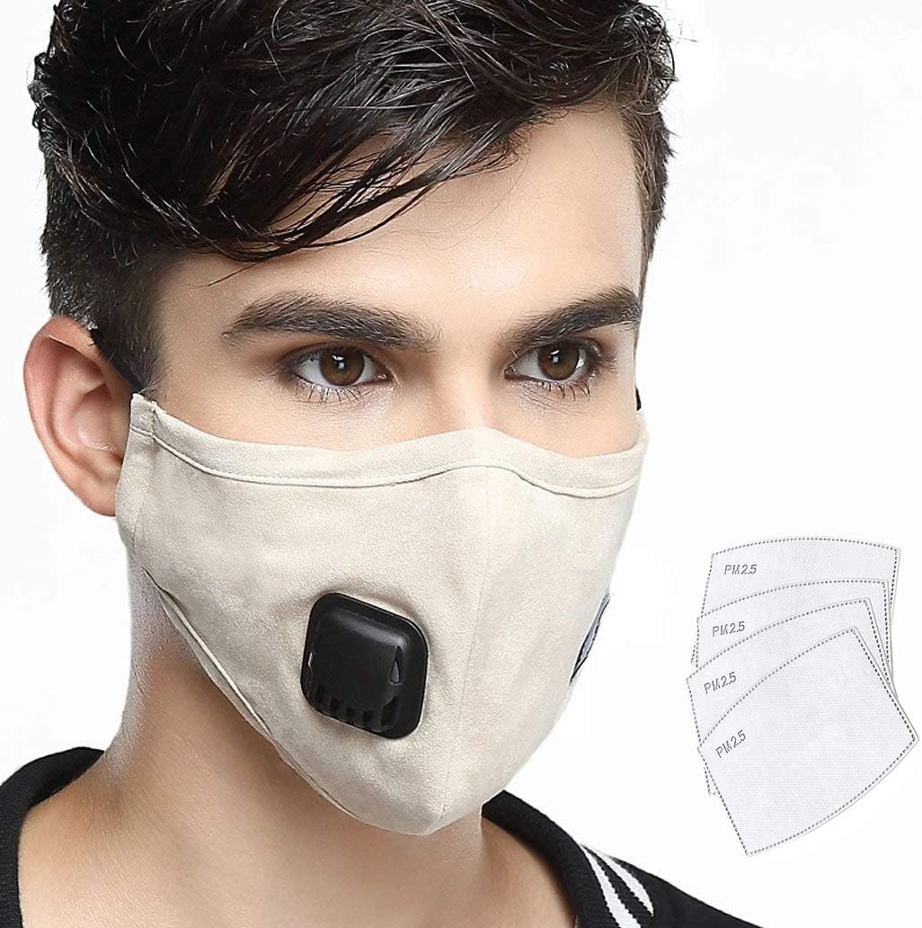 Lyanty Anti Pollution Mask Military Grade N99 Mask Washable Cotton Mouth Masks With Valve Replaceable Filter (One Mask + 4 filters) -Beige