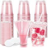 12oz Disposable Stemless Glasses with Flat Lids and Straws,PET Disposable Drinking Cups,Clear Plastic Wine Glasses for Parties Birthday,Wedding,Meeting,Christmas Party Supplies. (50, Pink)
