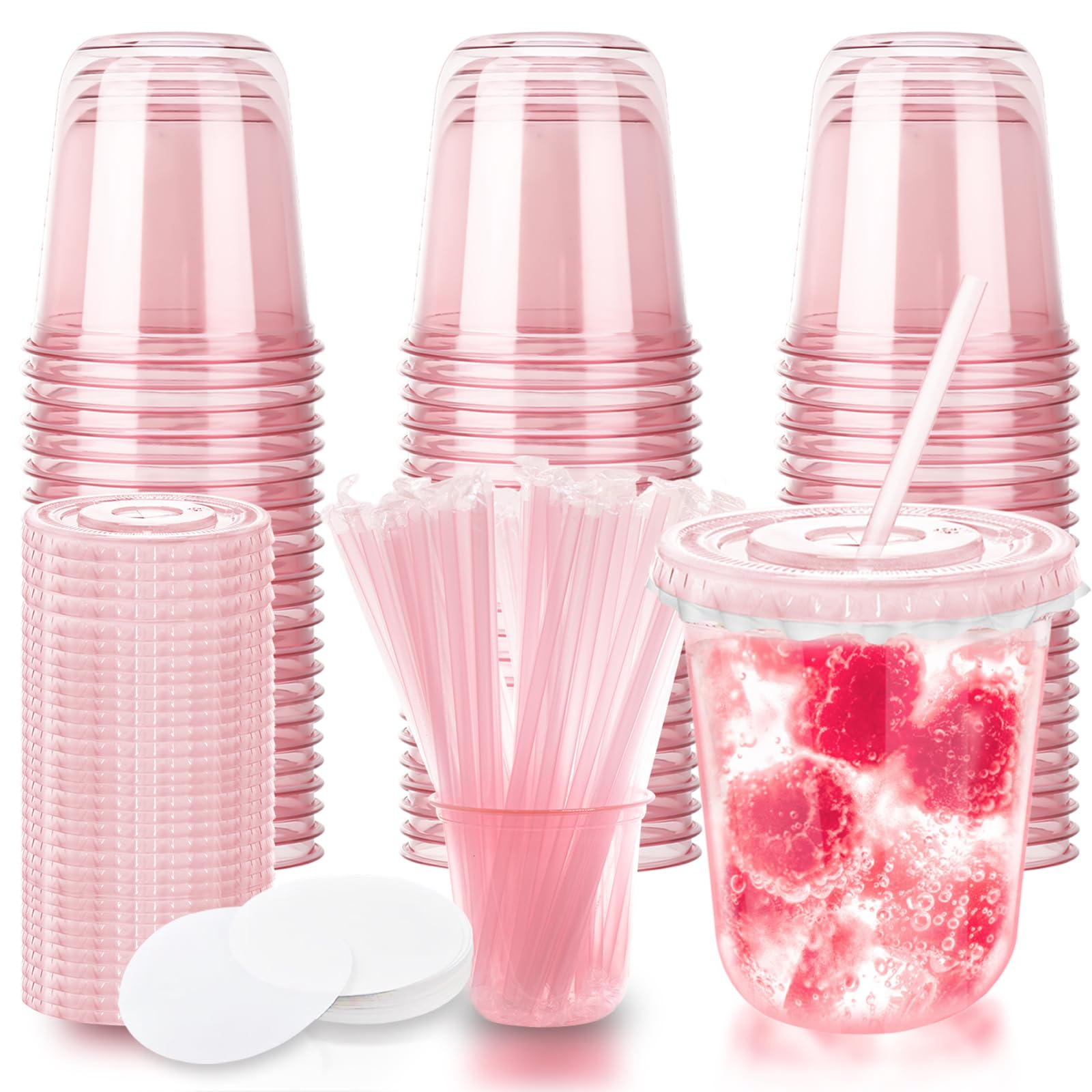 Photo 1 of 12oz Disposable Stemless Glasses with Flat Lids and Straws,PET Disposable Drinking Cups,Clear Plastic Wine Glasses for Parties Birthday,Wedding,Meeting,Christmas Party Supplies. (50, Pink)