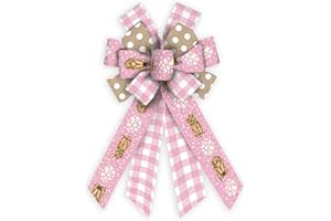 Threetols Easter Wreath Bows, Pink White Buffalo Plaid Bows for Wreath Easter Bunny Decorative Bows for Front Spring Flower Dot Easter Ornaments Hanging Wreath Bow for Indoor Outdoor Decor
